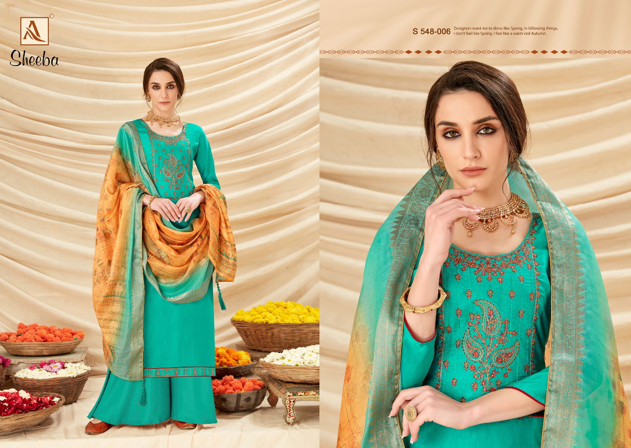 Alok Sheeba Fancy Festive WearPure Rivella Satin Fancy Embroidery with Swarovski Diamond Designer Dress Material Collection

