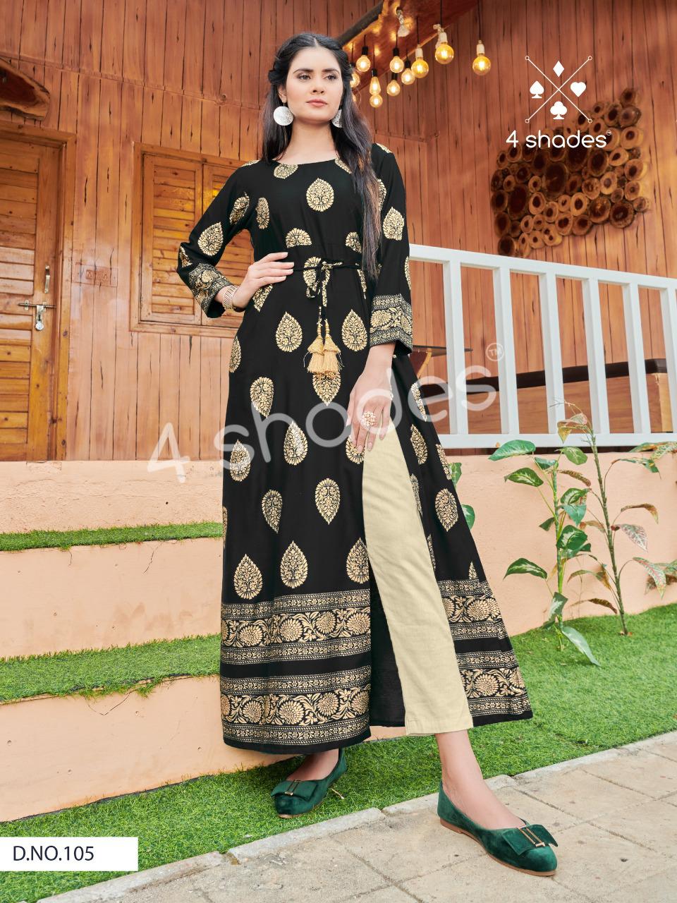 4 Shades Un Dekhi Ethnic Wear Long Rayon Printed Designer Kurtis Collection
