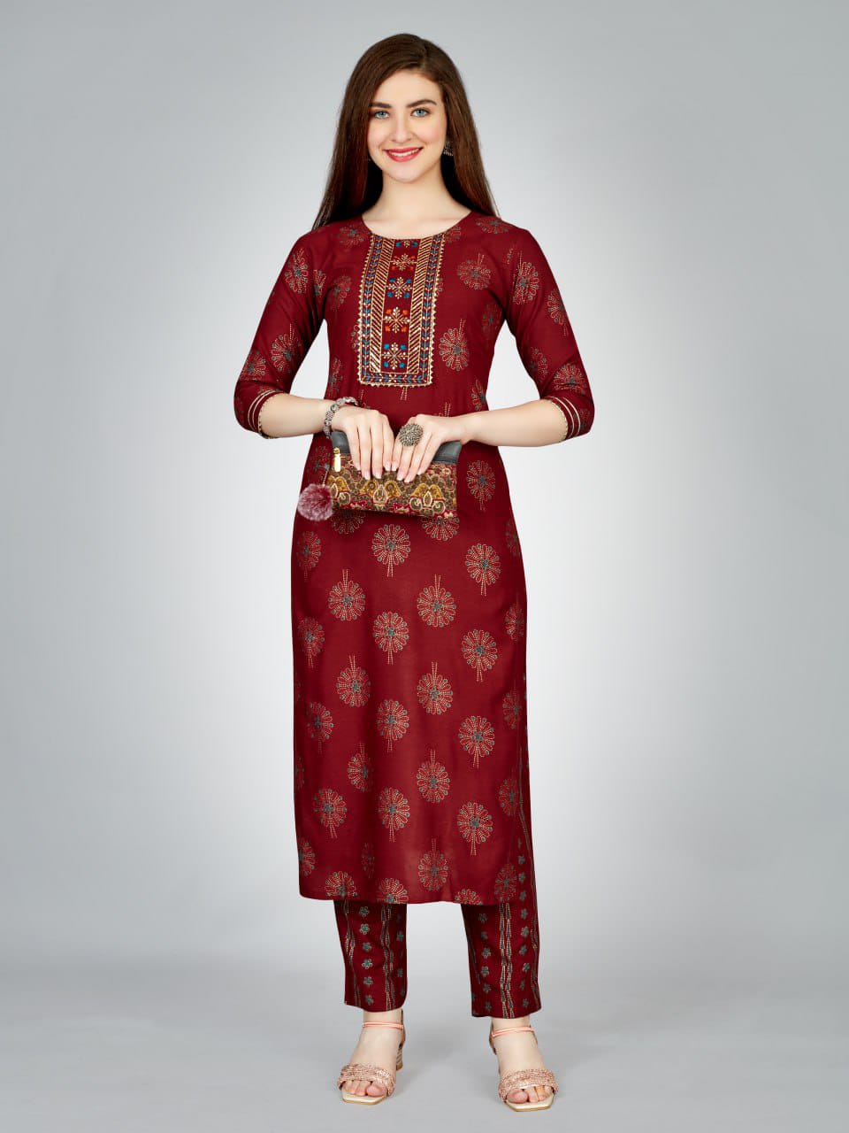 Radhika 1 Heavy Rayon Foil Printed Embroidery Kurti With Bottom Wholesale Shop In Surat
