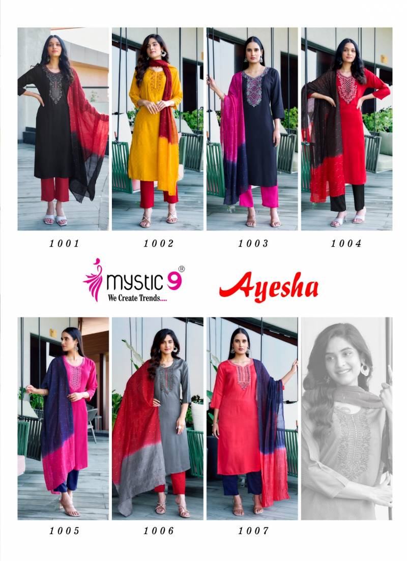 Mystic 9 Ayesha Vol 1 Rayon Dobby Kurti Bottom With Dupatta Wholesale Online
