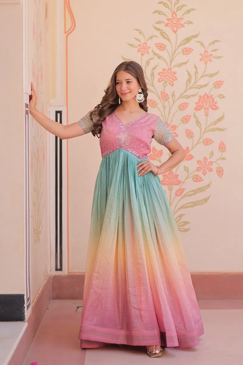 Jf 2482 Silk Crush Party Wear Readymade Gowns Wholesale Clothing Suppliers In India