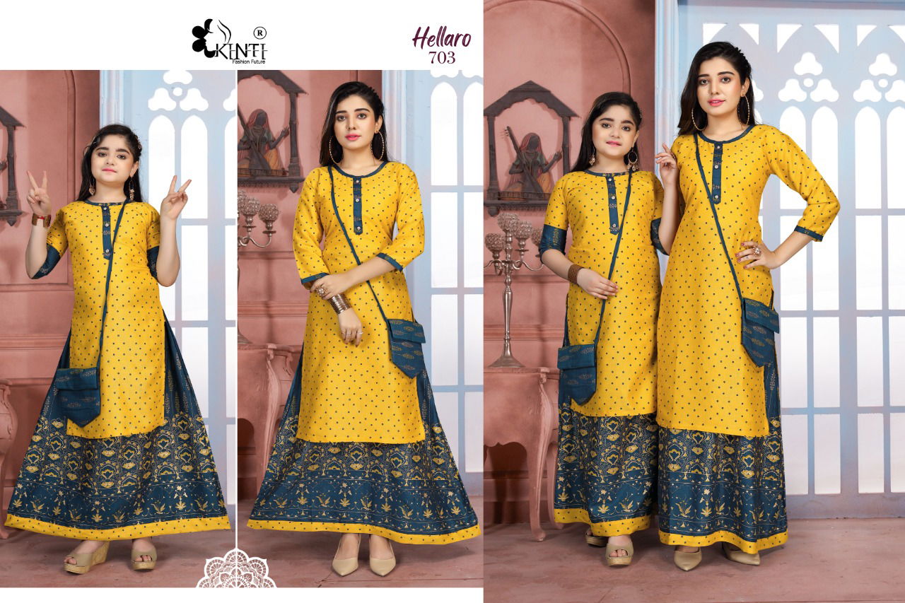 Kinti Hellaro 7 Designer Rayon Printed Kurti With Skirt Collection
