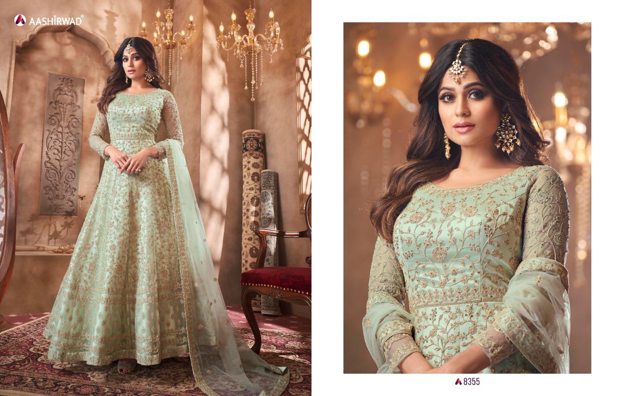 Aashirwad Advika 8354 Series Net Embroidery Gown With Dupatta Catalog