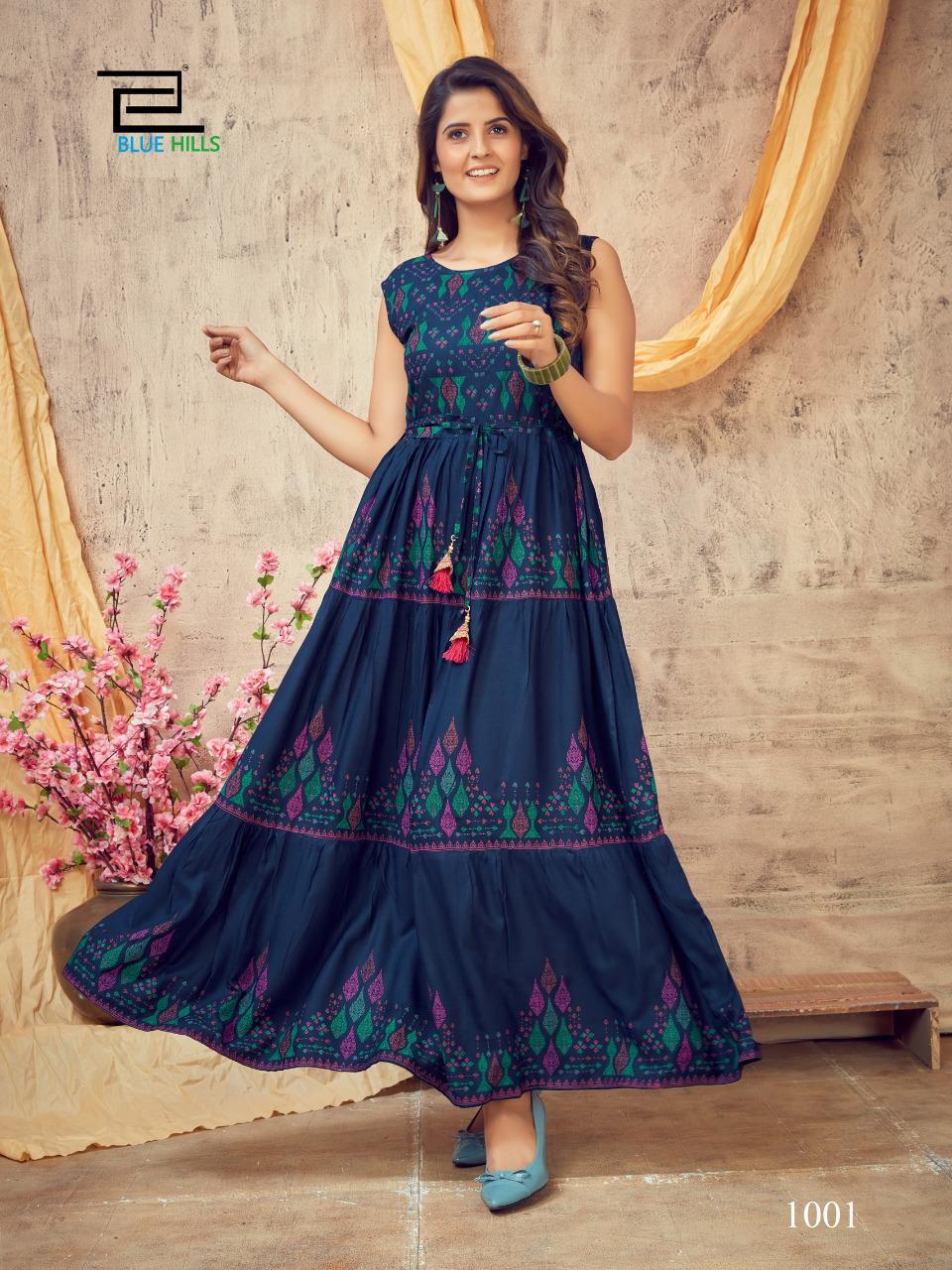 Blue Hills Poker Latest Fancy Designer Festive Party Wear Long Printed Rayon Kurti Collection