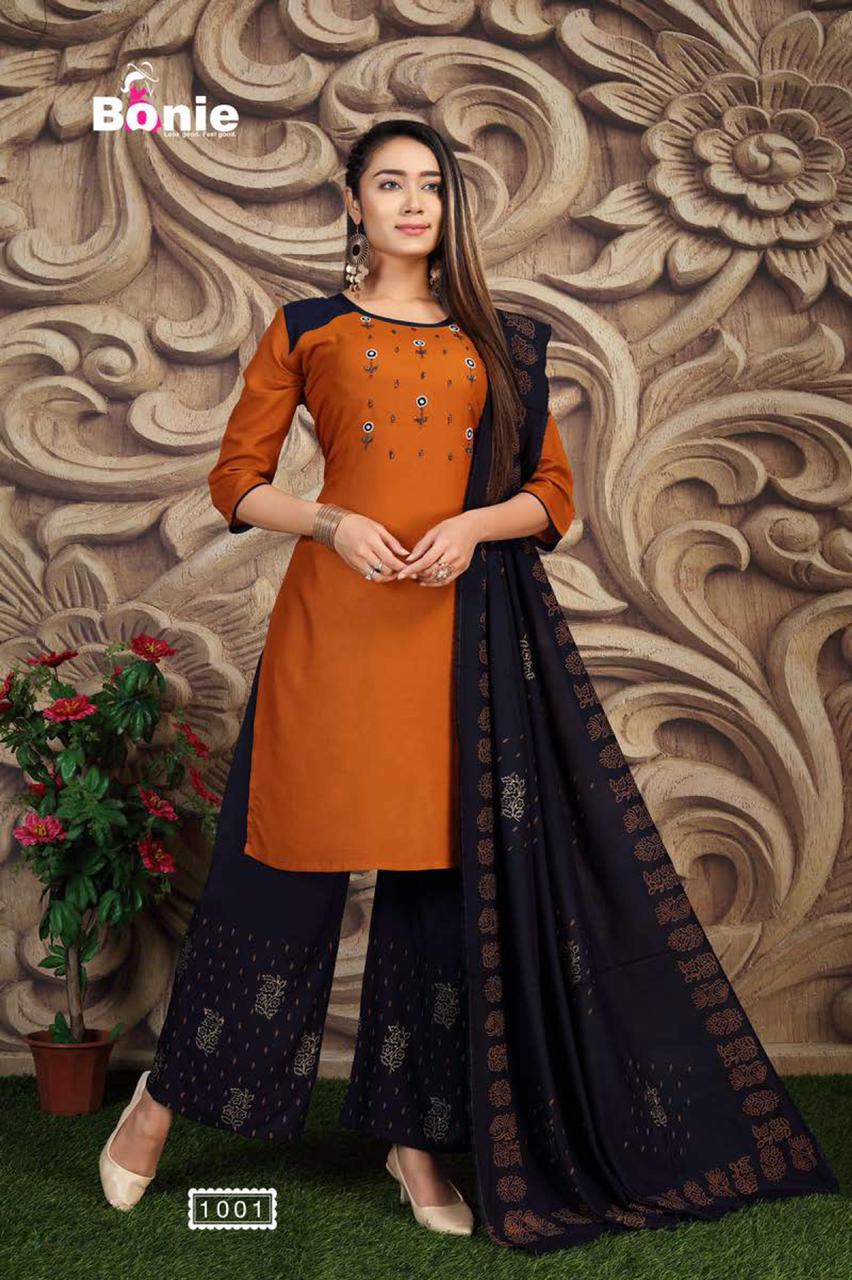 Bonie Jannat 2 Fancy Casual Wear Rayon Designer Kurti With Palazzo With Dupatta Collection
