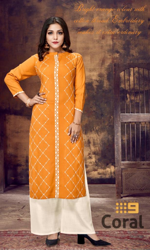 C9 Coral Latest Design Festive Wear Rayon With Embroidery Worked Kurti With Palazzo Kurtis Collection
