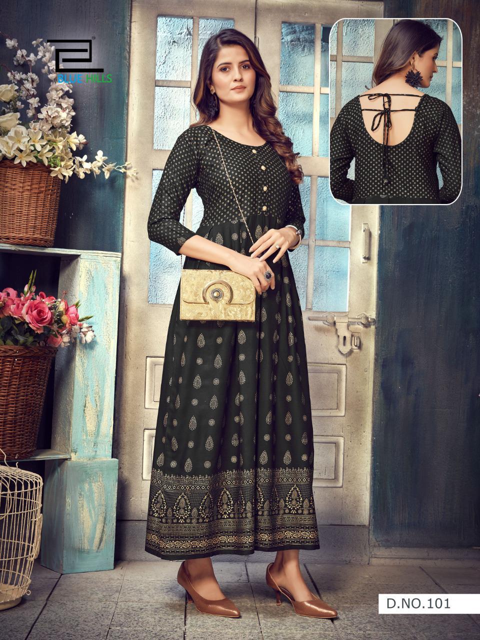 Blue Hills Show Off Fancy Latest Designers Festive Wear Long Rayon Printed Kurti Collection
