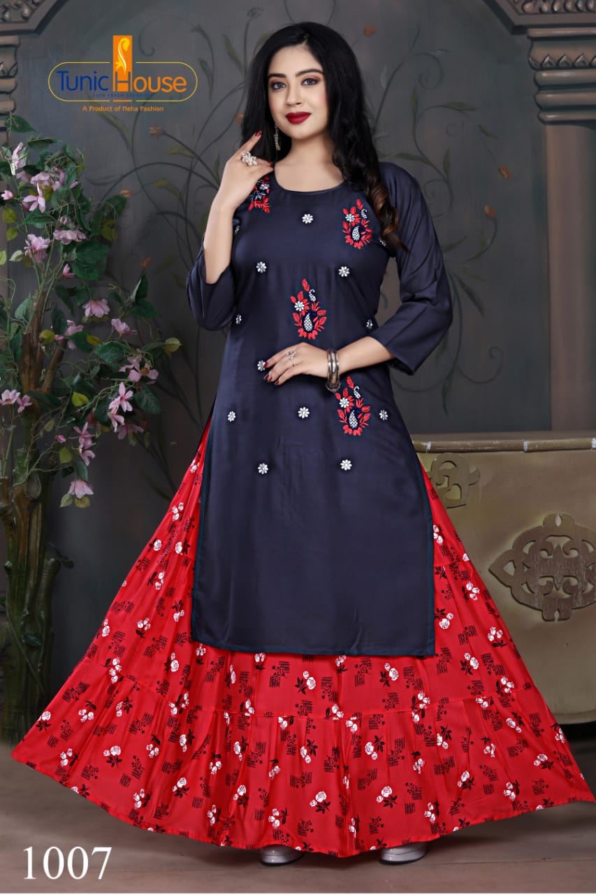 Tunic House Nexa 4 Embroidery Fancy Ethnic Wear Rayon With Embroidery Kurtis With Skirt Collection 

