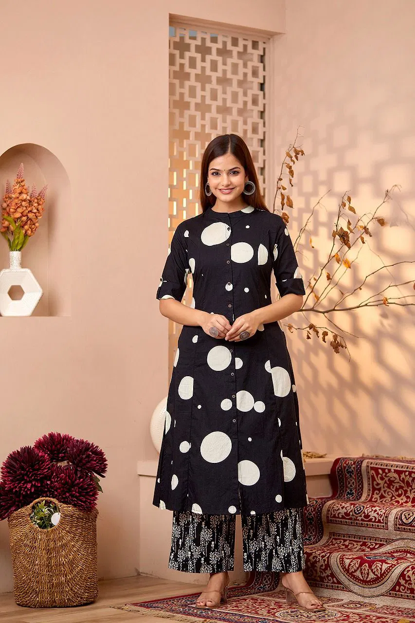 KF Kalaai Black And White Printed Kurti With Bottom Wholesalers In Delhi
