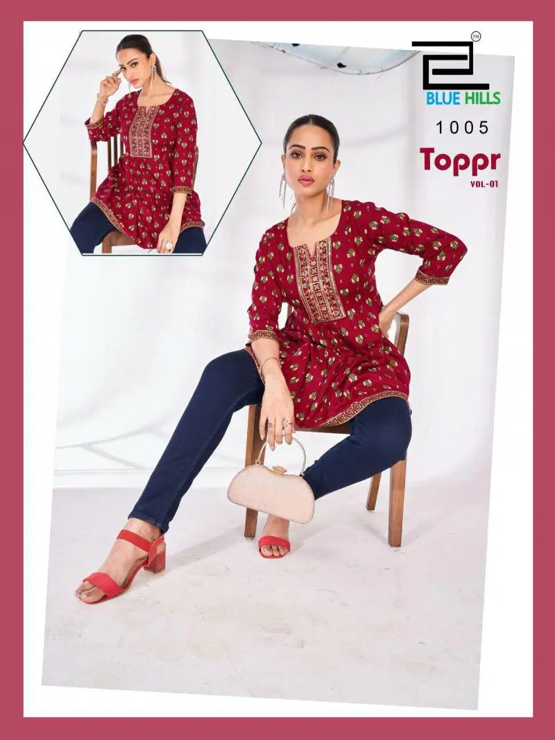 Toppr Vol 1 By Blue Hills Rayon Embroidered Short Kurti Online Wholesale