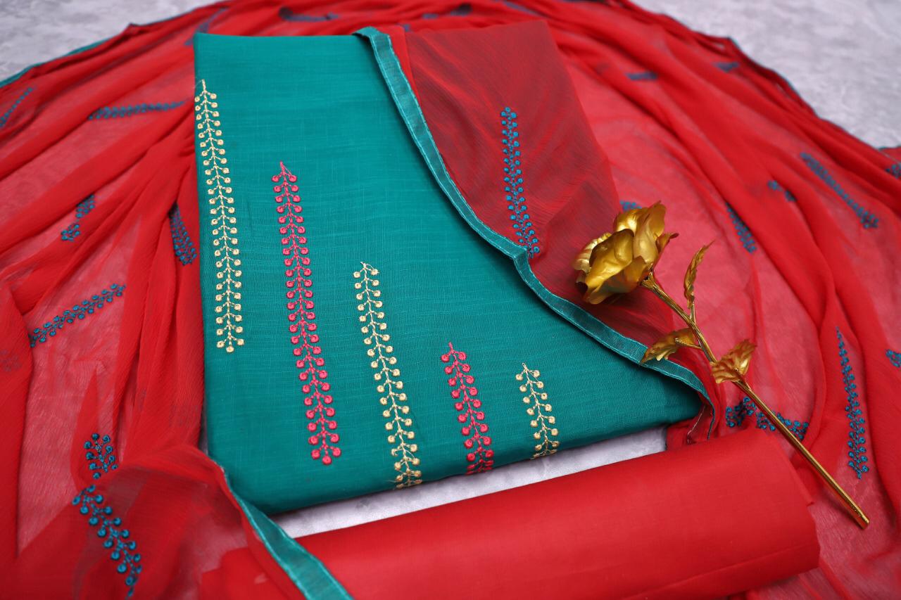 Maahi South Cotton Slub With Embroidery Work And Najmeen Embroifery Work Dupatta Dress Mterial OR Ready Made Collection