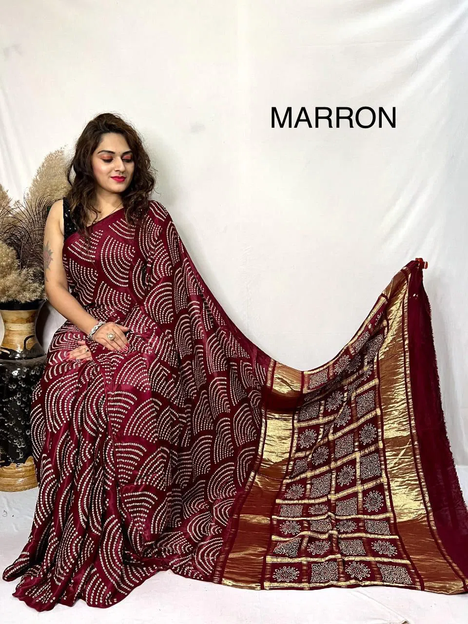 Wow Gajji Silk Ajrakh Pallu Chex Sarees Catalog

