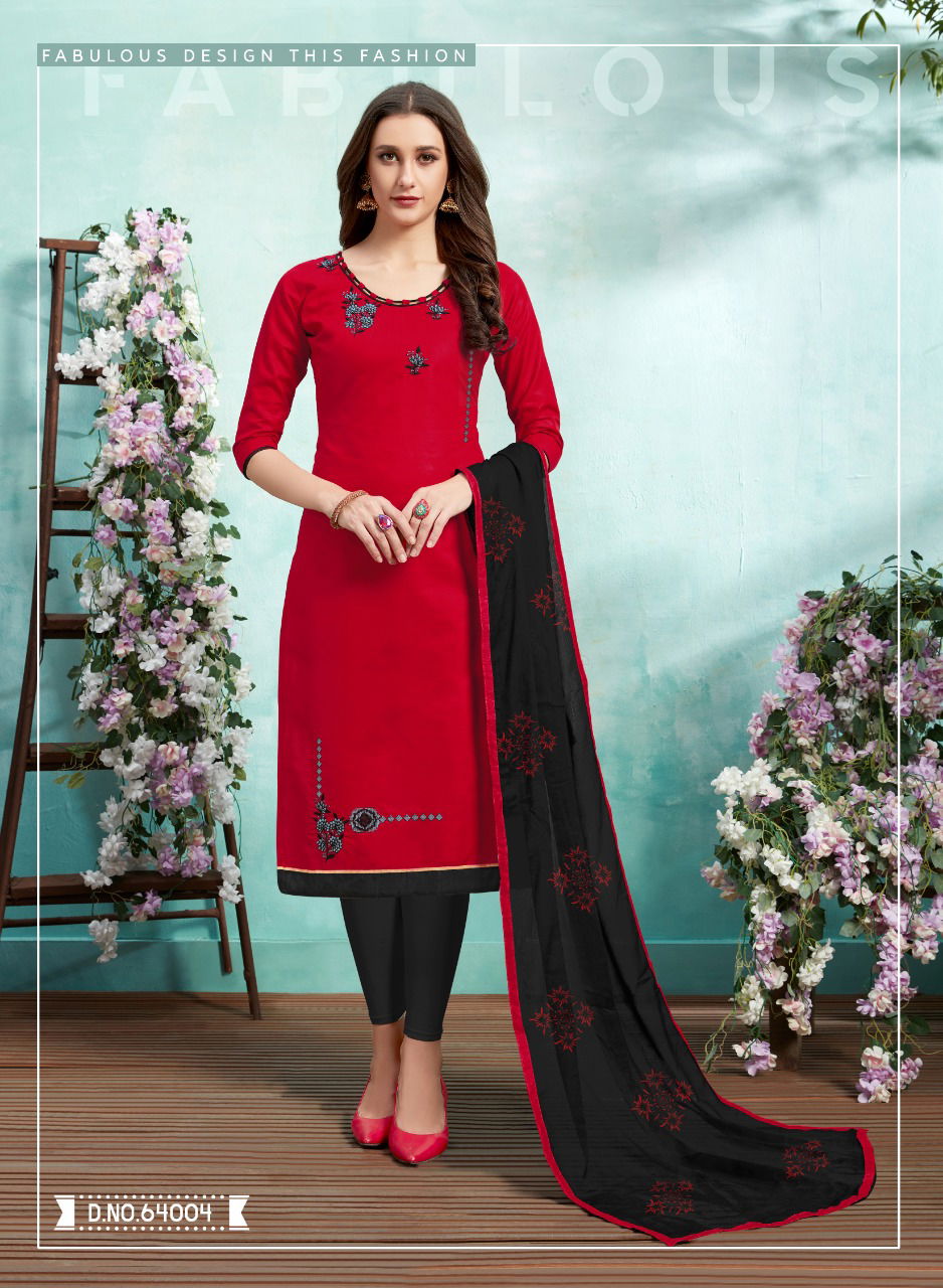 Kiss Miss 64 Designer Lawn Cotton Fancy Churidar Dress Material With Work and Four sided Lace Border Dupatta 