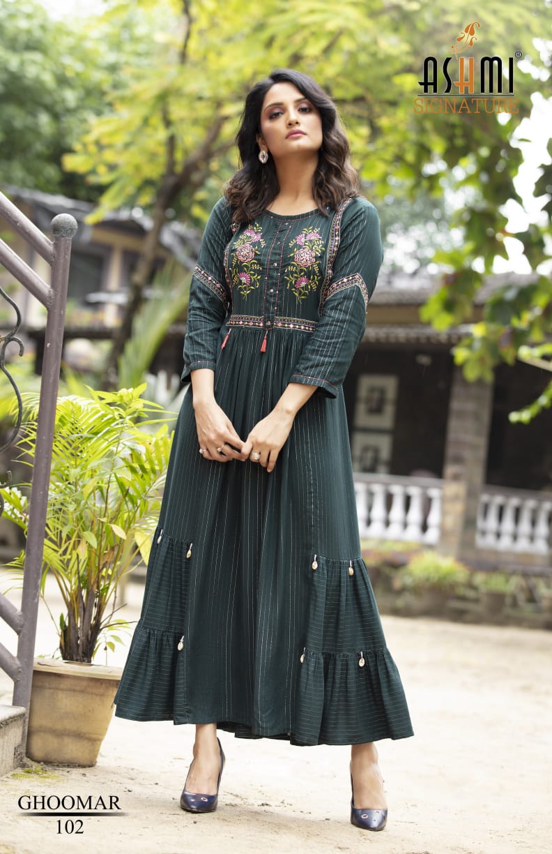 Ashmi Ghoomar New Exclusive Wear Rayon Long Designer Anarkali Kurti Collection