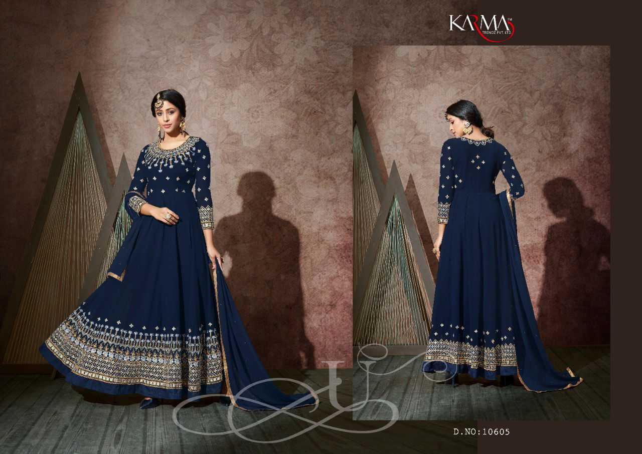 Karma Latest Heavy Designer Georgette Embroidery Work With Stone Work Anaarkali Gown With Chiffon Dupatta Festive Wear Collection 