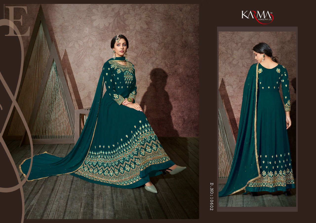 Karma Latest Heavy Designer Georgette Embroidery Work With Stone Work Anaarkali Gown With Chiffon Dupatta Festive Wear Collection 