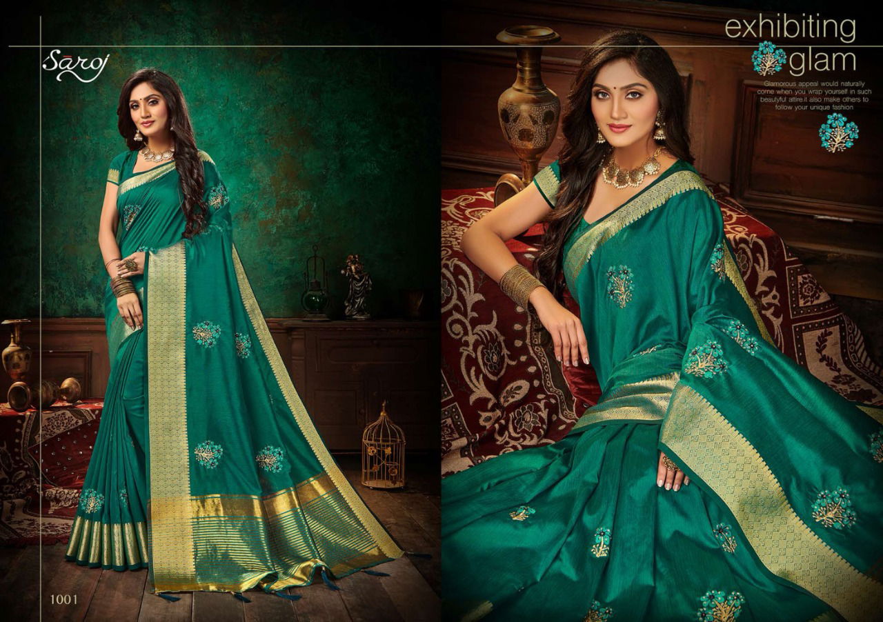 SAROJ ASHWAGANDHA Designer Fancy Casual Wear Soft Vichitra Silk with Banarsi Border and Multi Embroidery Work Saree Collection