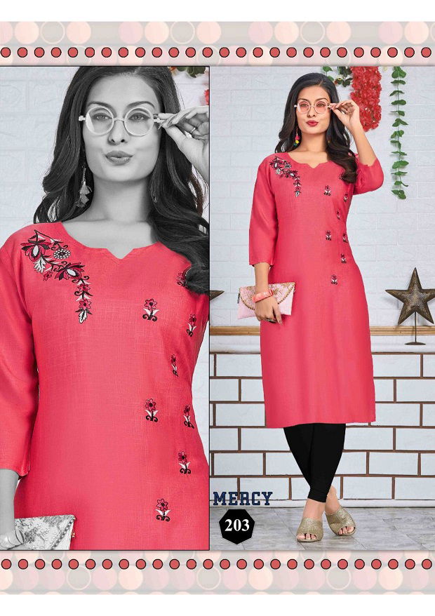 Mercy 2 Latest Designer Fancy Ethnic Wear Embroidery Work Rayon Slub Kurtis Collection
