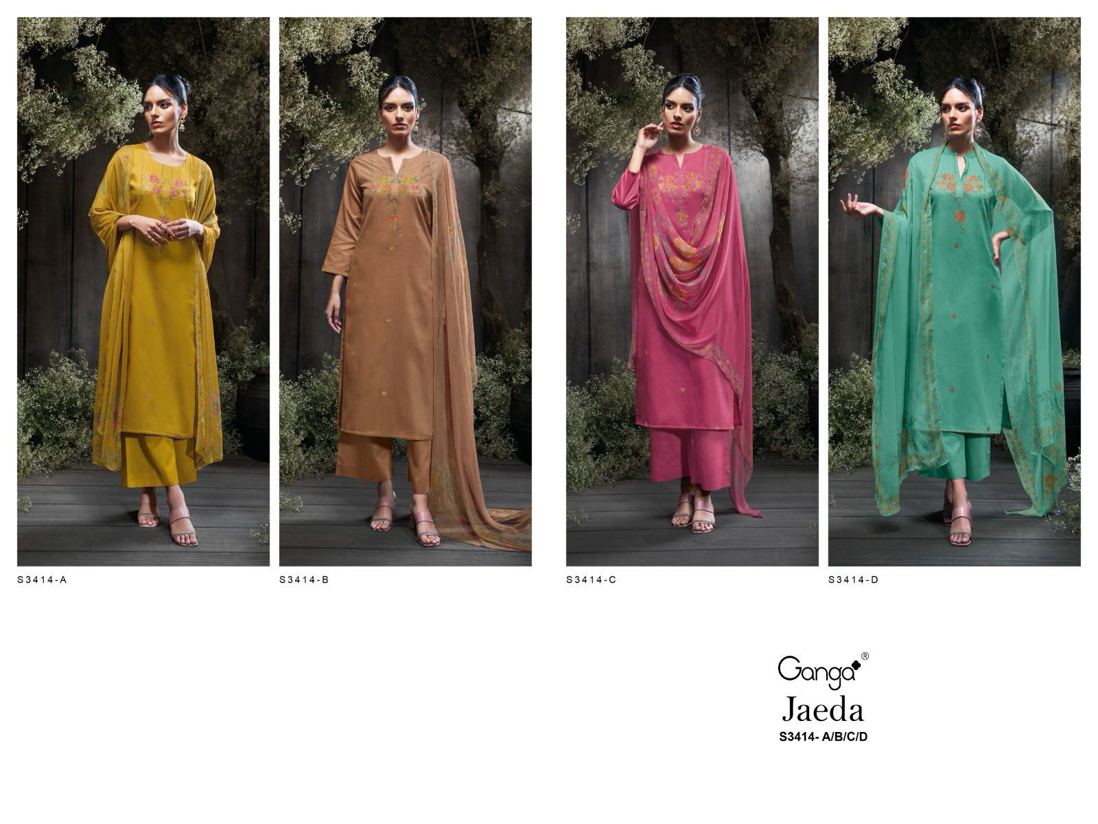 Jaeda 3414 by Ganga Cotton Silk Embroidery Salwar Suit Suppliers In India