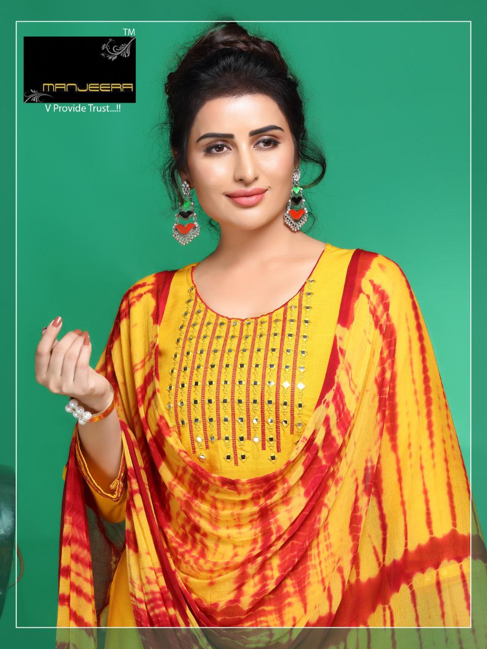 Manjeera Gamthi Latest Ethnic wear Patiyala Work Rayon Top With Fancy Naznin Dupatta Readymade Collection