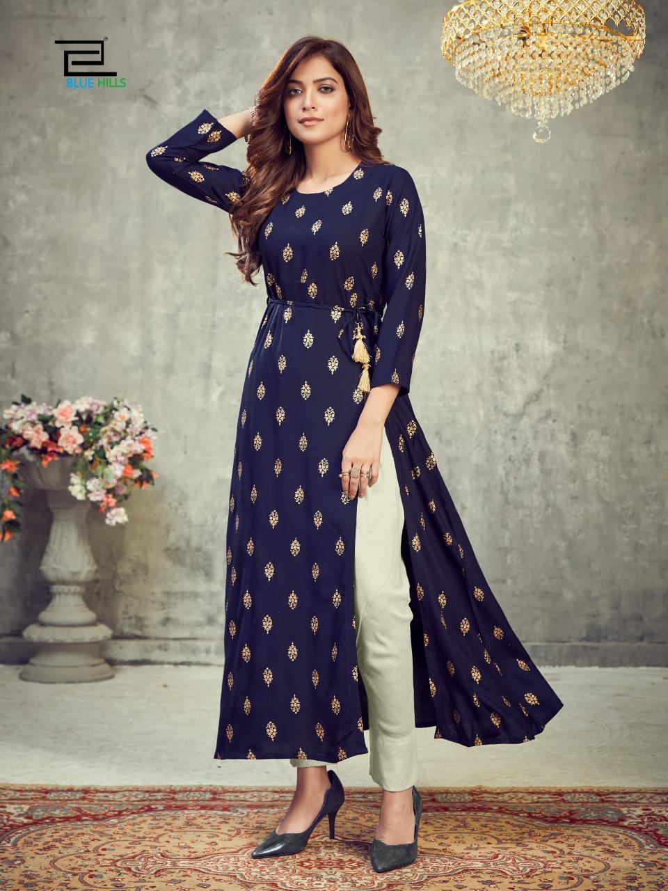 Blue Hills First Date Designers Long Printed Rayon Party Wear Kurtis Collection
