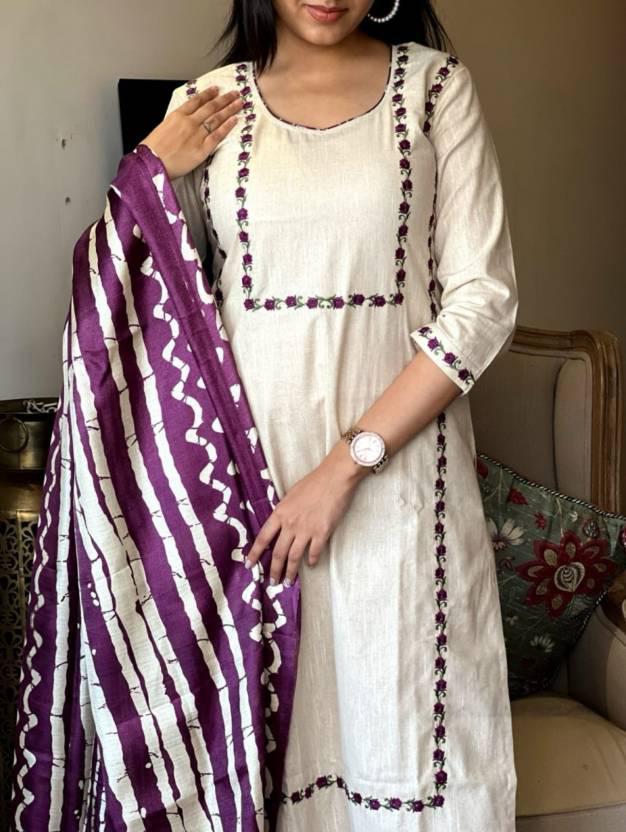 VT Designer Embroidery Khadi Cotton Kurti With Bottom Dupatta Exporters In India