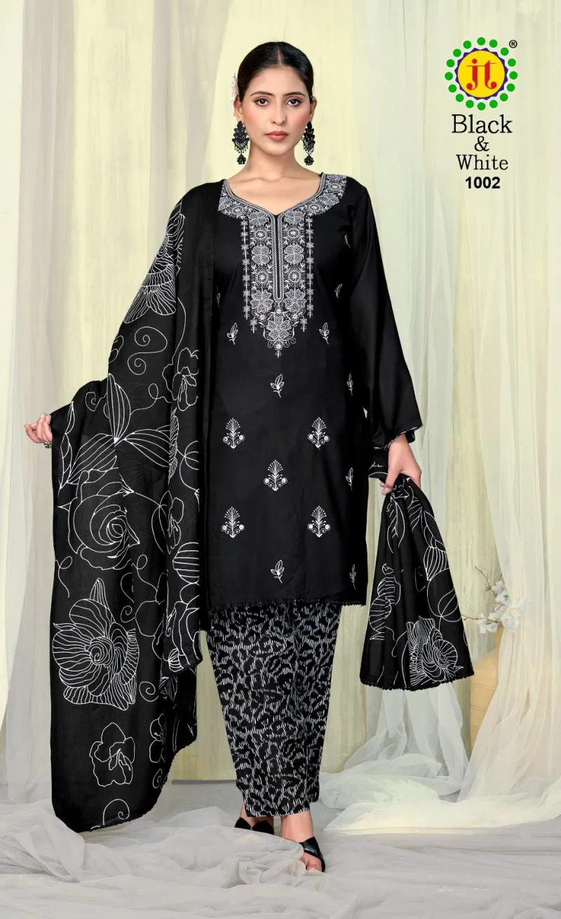 Jt Black And White Rayon Embroidery Dress Material Wholesale Market In Surat With Price