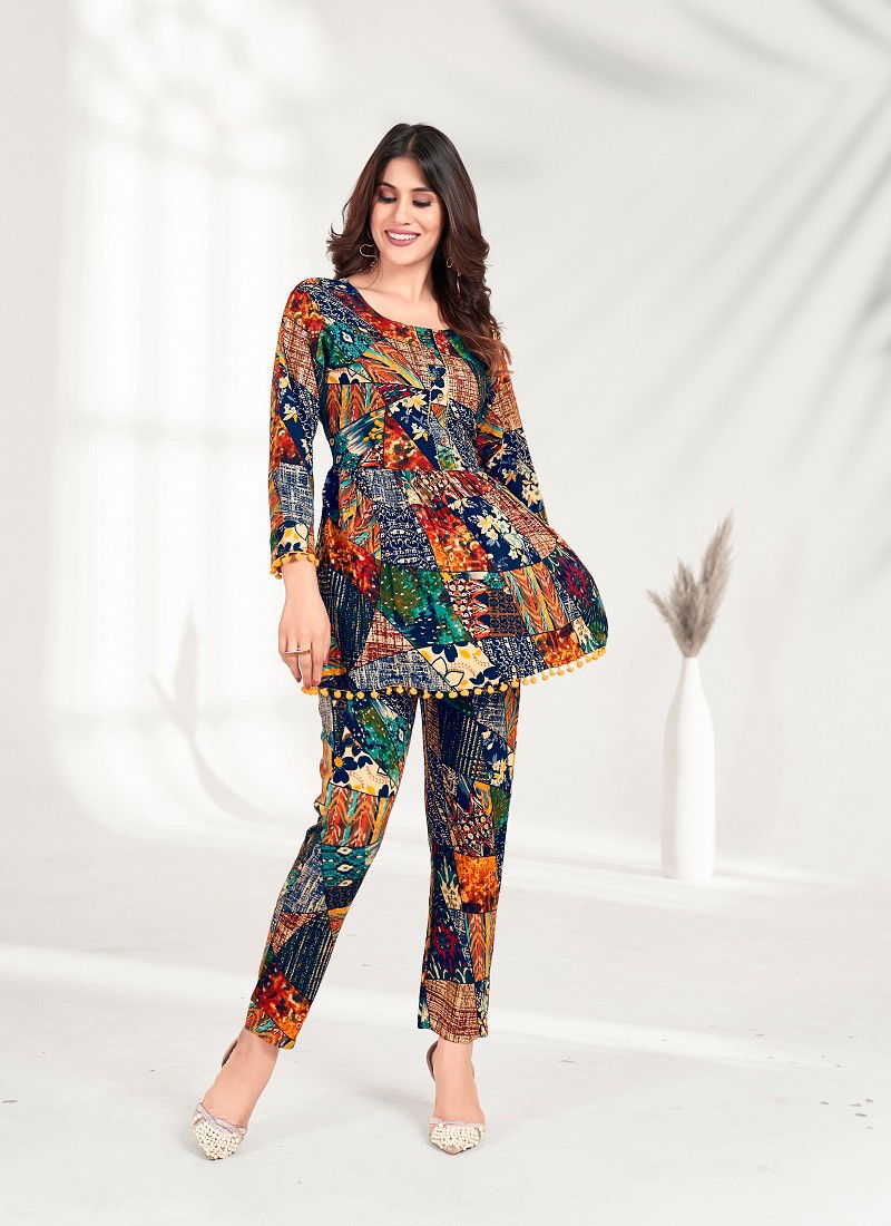 Blue Colour Co-ord Set Milky Vol 1 By Moksh Premium Rayon Co-ord Set Western Catalog 804