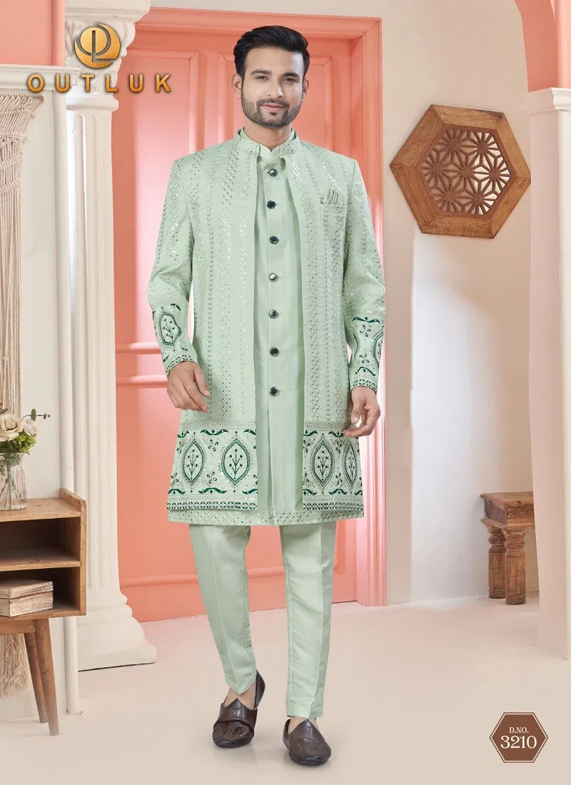 Light Green Colour Outluk Wedding Collection Vol 32 Party Wear Mens Indo Western Manufacturers 3210