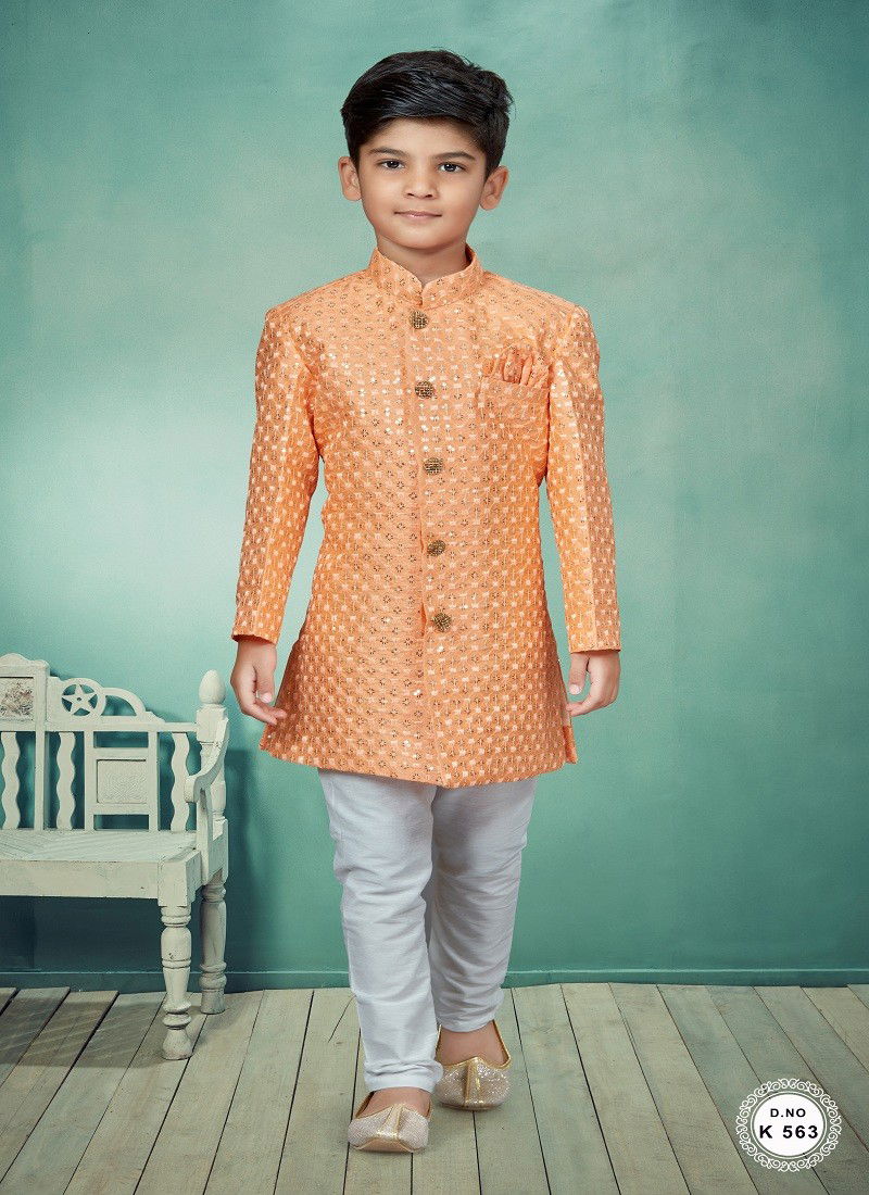 Peach Colour Kids Indo Western Sherwani Catalog K 563