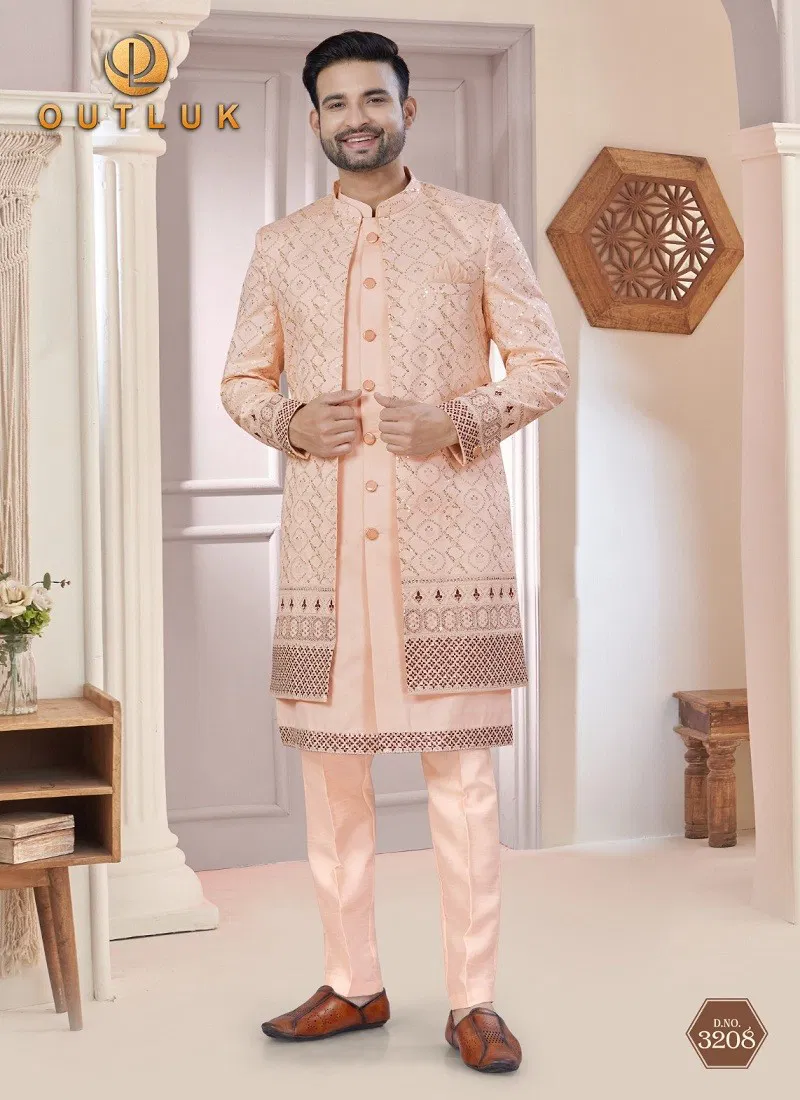 Peach Colour Outluk Wedding Collection Vol 32 Party Wear Mens Indo Western Manufacturers 3208