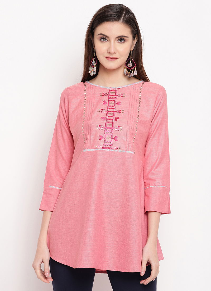 Pink Cotton Embroidered casual Wear Short Kurti 2701