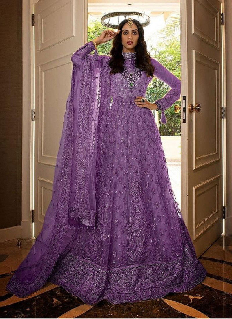 Purple Colour KF 102 Net With Embroidery Mirror Work Salwar Kameez Catalog KF 102 D