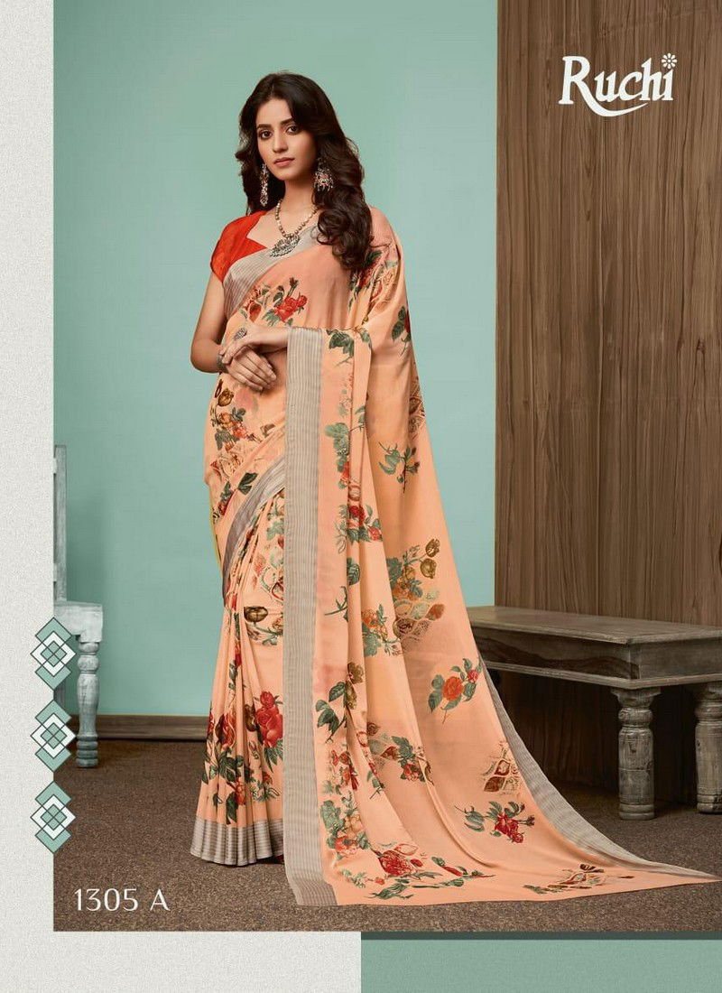 Cream Ruchi Sarees Blueberry Vol 13 Chiffon Regular Wear 1305A