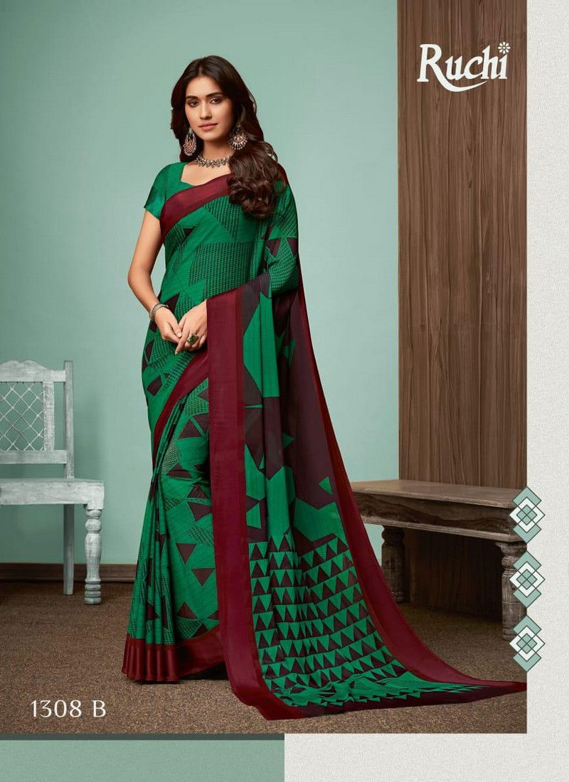 Dark Green Color Ruchi Sarees Blueberry Vol 13 Chiffon 1308B