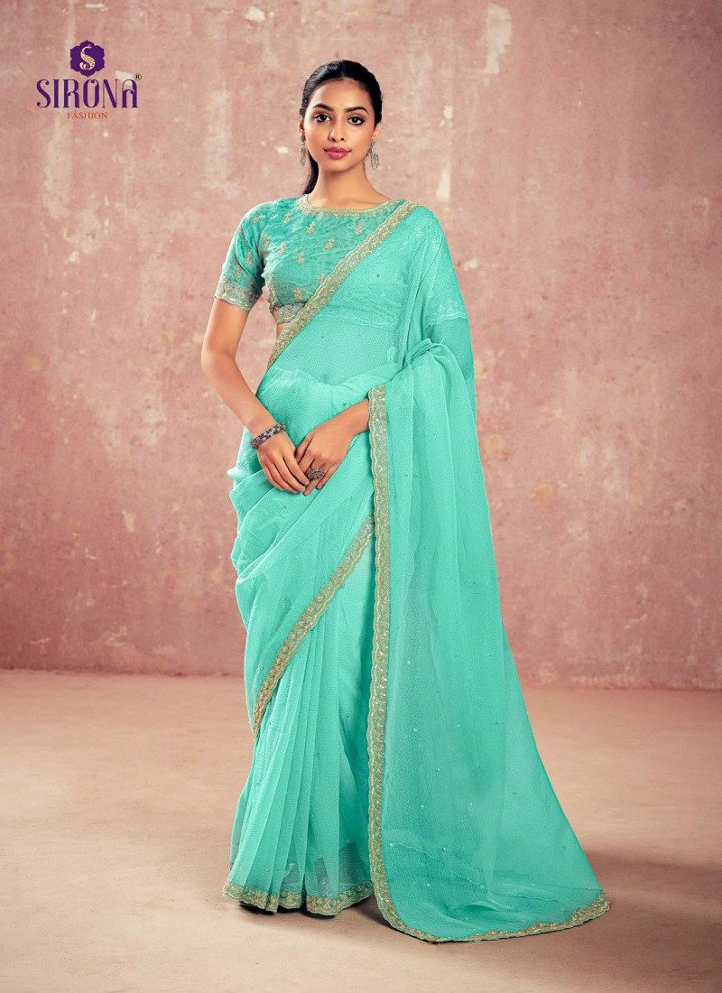 Sea Green Colour Shamika By Sirona Chiffon Designer Party Wear Sarees Orders In India 1004