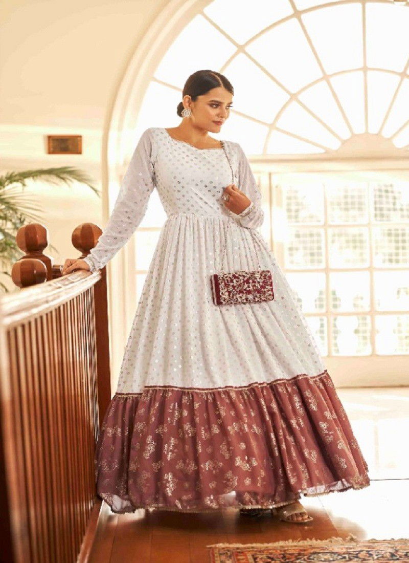 White And Multi Colour Flory Vol 18 By Khushboo Shubhkala Georgette Anarkali Gown Catalog 4707