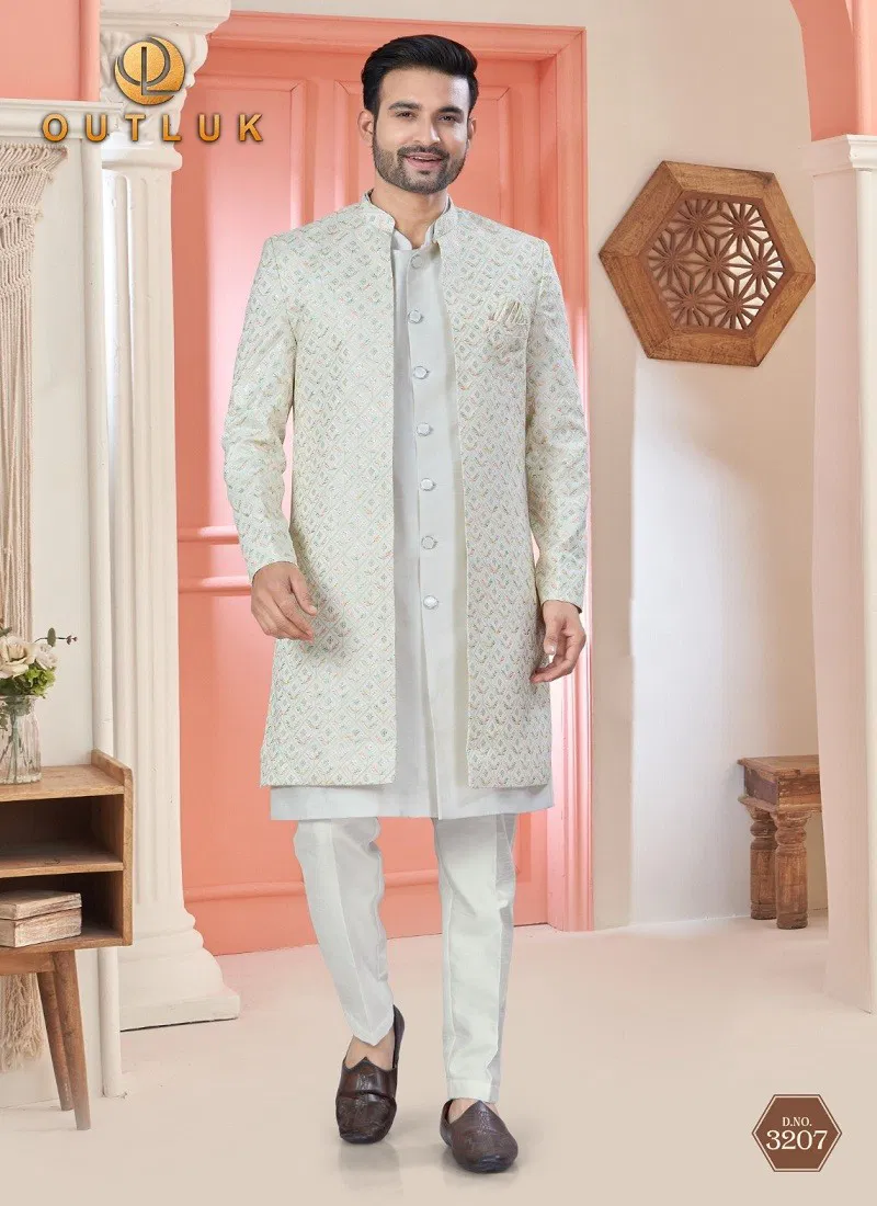 White Colour Outluk Wedding Collection Vol 32 Party Wear Mens Indo Western Manufacturers 3207