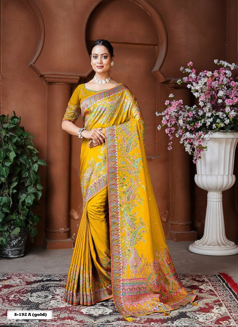 Yellow Colour Anaara By Tathastu Dola Silk Designer Saree Wholesale Shop In Surat S 192 A