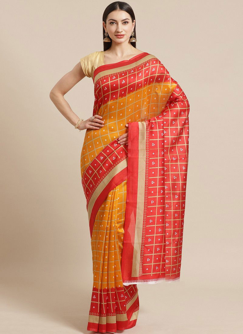 Yellow and Red Bandhani Daily Wear Pinted Bhagalpuri Saree 81