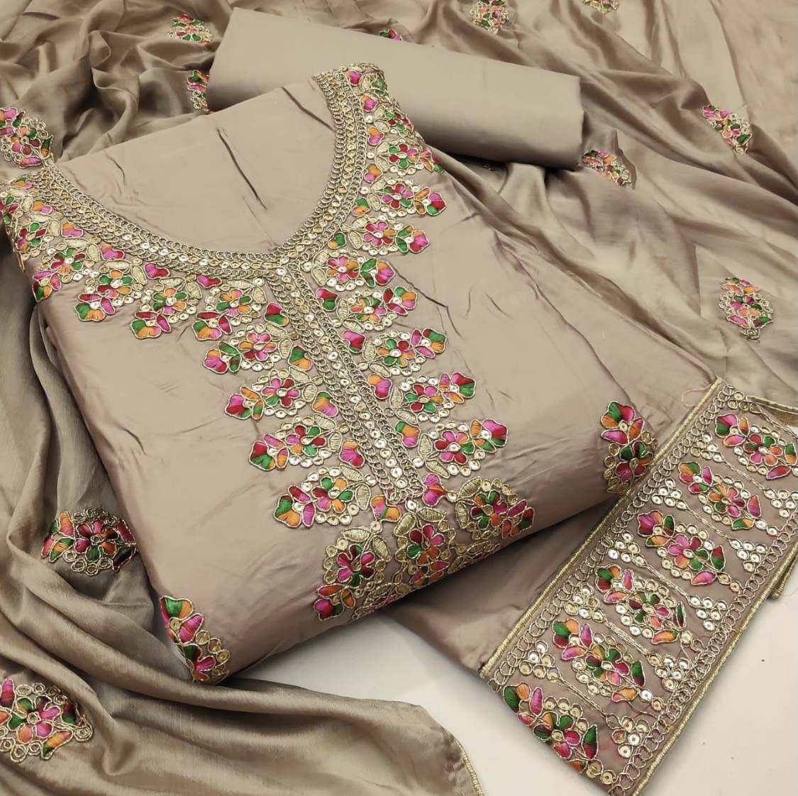 Marron Silver Modal Silk Bandhani Dress Material Designer - Modal Silk -  Bandhani - Ajrak - India