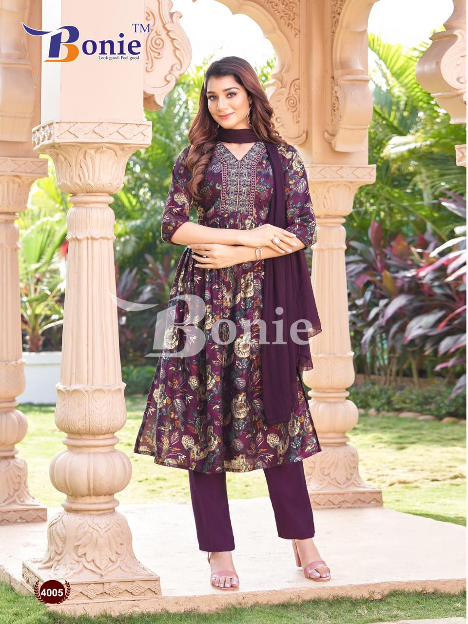 Buy LIBAAS - 14KG RAYON FOIL PRINT ALIA CUT EMBROIDERED KURTI PANT DUPATTA  SET at INR 950 online from Inli Exports Top Bottom Dupatta Sets :  libaas-1001