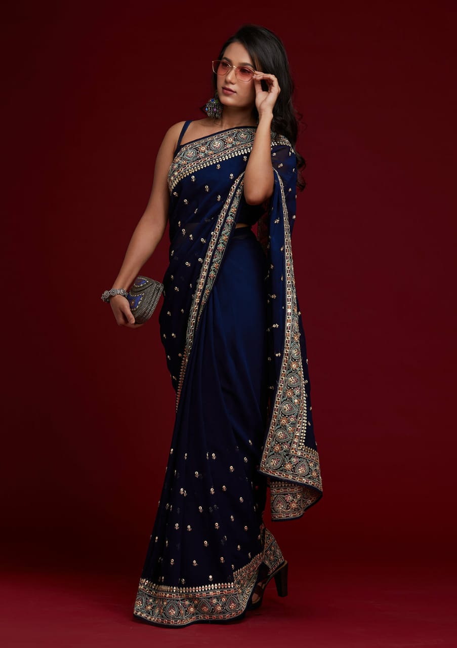 Black Silk Designer Party Wear Sarees - Vega Fashion - 4063352