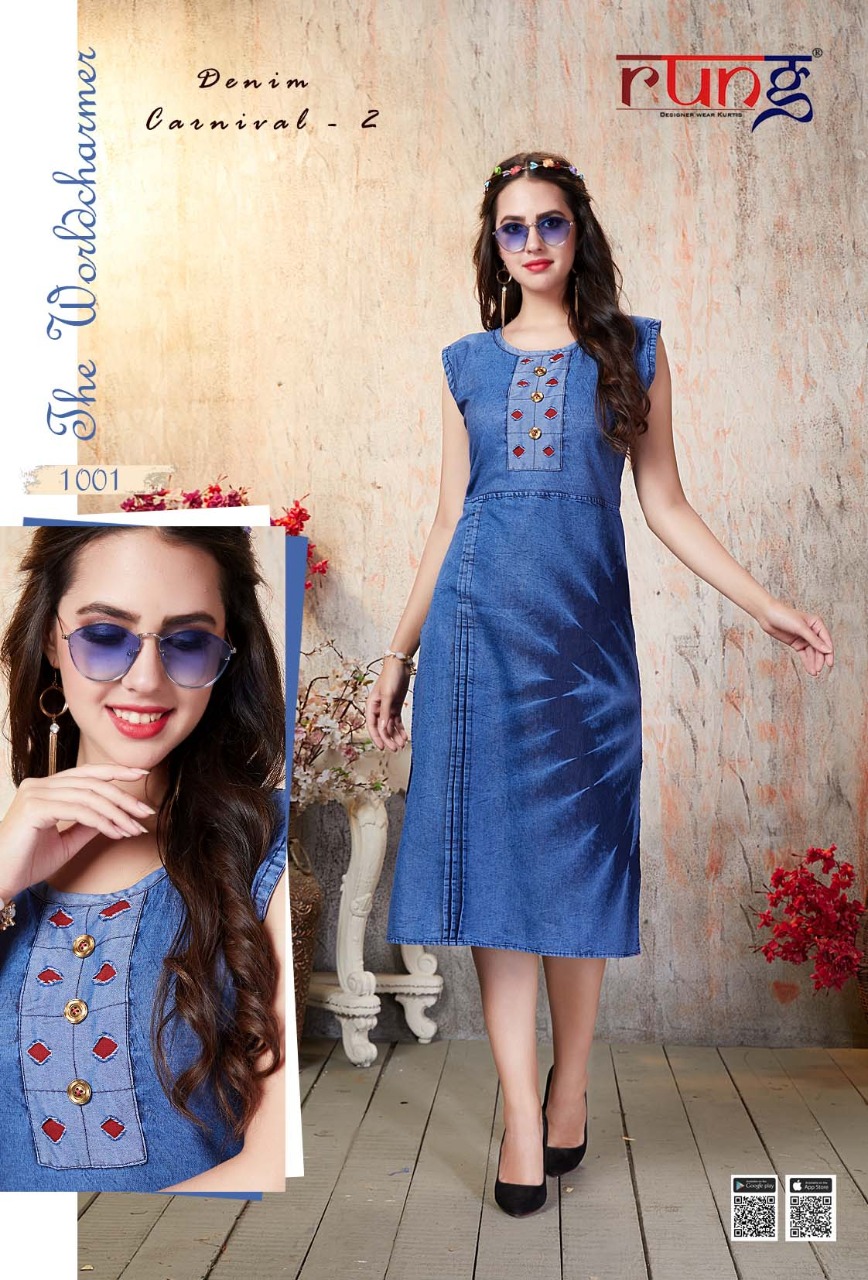 THE DENIM 3 BY TUMBAA BRAND - DENIM COTTON LONG KURTI WITH DIFFERENT SHADES  OF DENIM - WHOLESALER AND DEALER