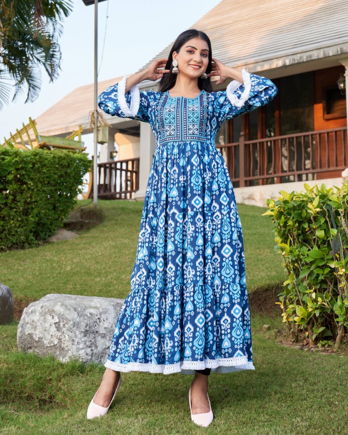 Bani Women Printed 3/4th Sleeves Cotton Midi Dress for Women, Stylish
