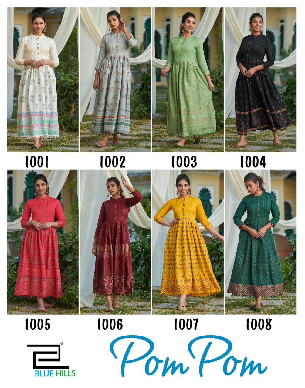 Multi-Color-Round-Neck-Rayon-14-Kg-Office-Wear-Long-Sleeve-Kurti-With-Pom- Pom-8001-12877 Whatsapp :- … | Long kurti designs, Cotton kurti designs,  Kurta neck design
