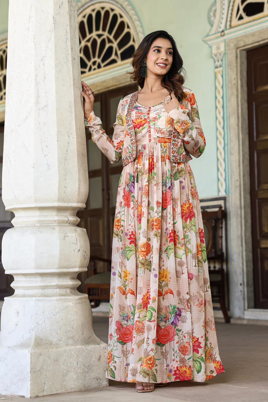 Peach Digital Printed Sequence Work Crepe Gown For Festival – tapee.in