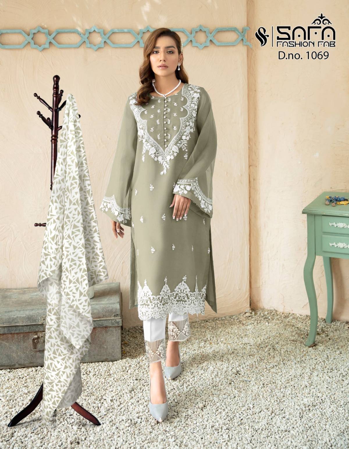 Printed Cotton Pakistani Suit in Off White and Blue  KAF360