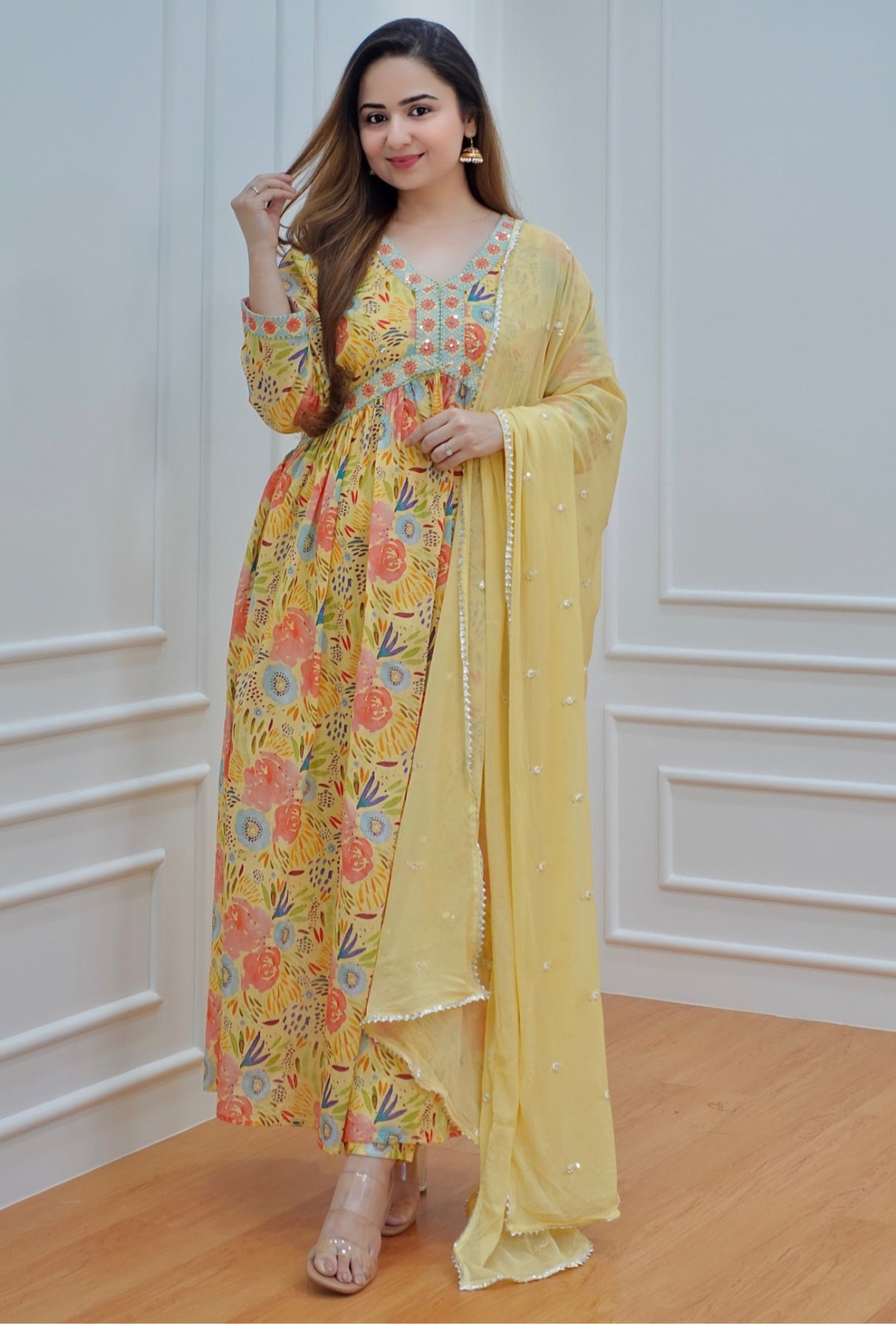 Yellow Floral Print Flare Rayon Kurtis & Gown - Navraj Fashion - 3364646