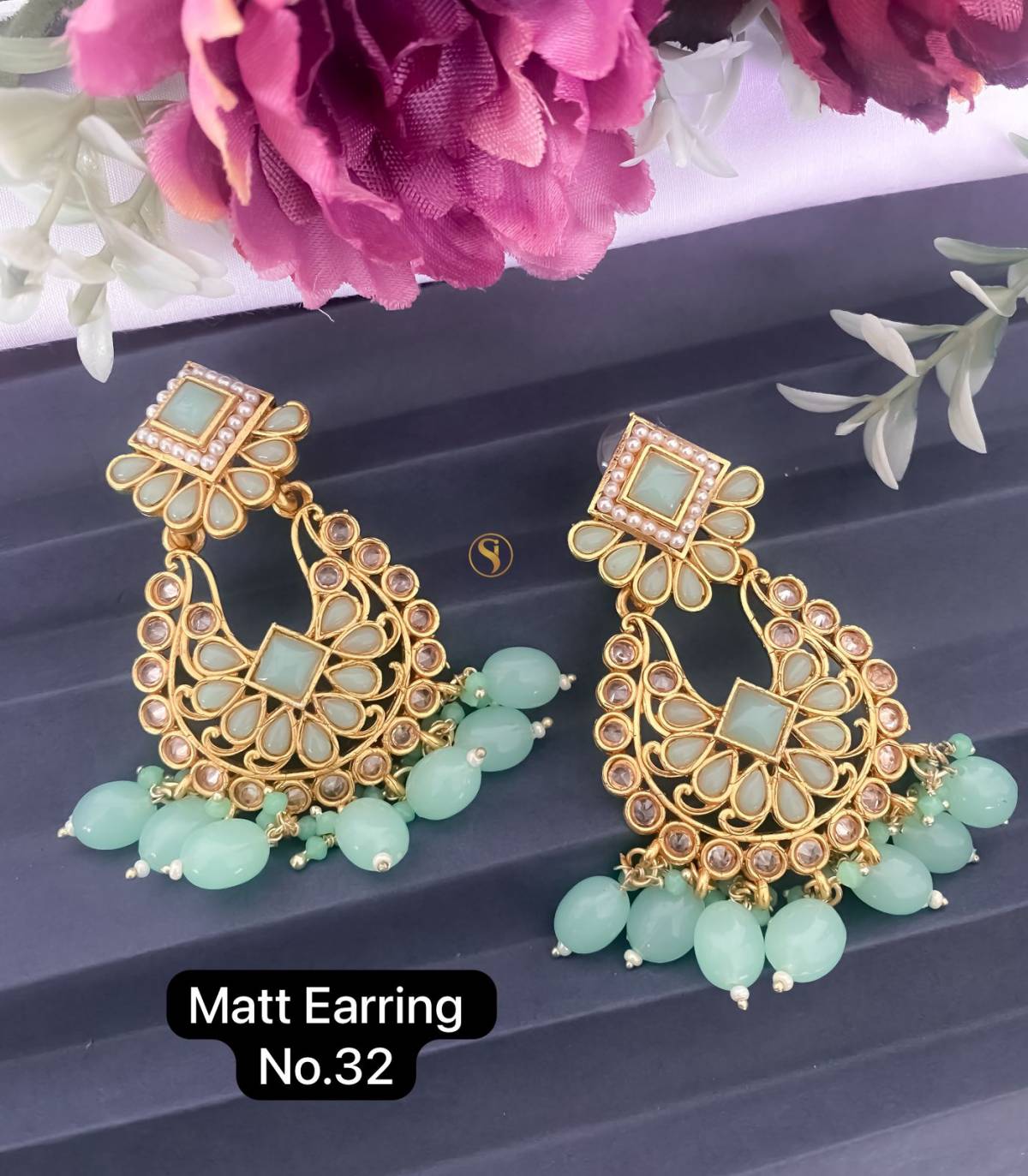 Green And White Gold Tone Kundan Wedding Earrings - Zakarto